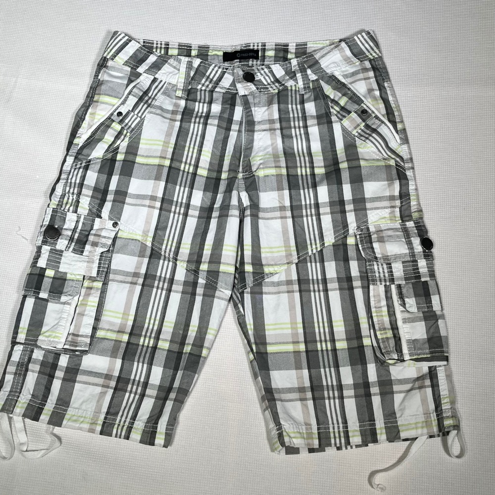 Fried Denim Mens Plaid Cargo Shorts Grey Green White Size 34 Cotton Drawstring